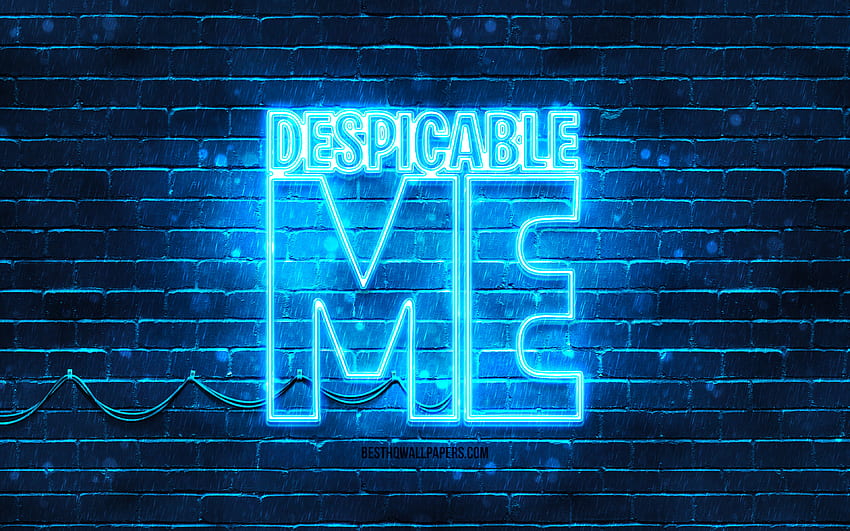 Despicable Me blue logo, , blue brickwall, Despicable Me logo, minions, Despicable Me neon logo, Despicable Me HD wallpaper