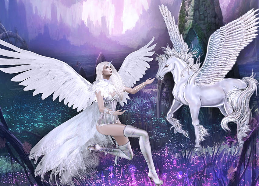Angel and Pegasus, wings, pink, white, fantasy, angel, girl, luminos, pegasus HD wallpaper