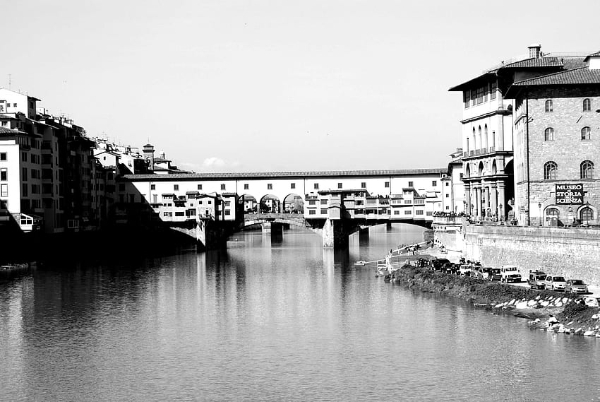 black and white, ponte vecchio, river HD wallpaper