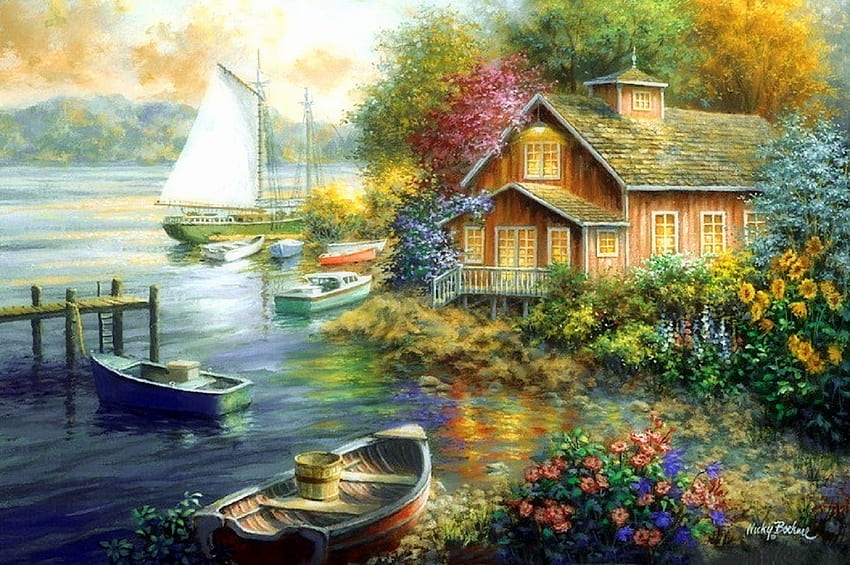 Peaceful Mooring, mooring, attractions in dreams, garden, paradise, paintings, people, summer, love four seasons, lakes, cottages, boats, nature, flowers HD wallpaper