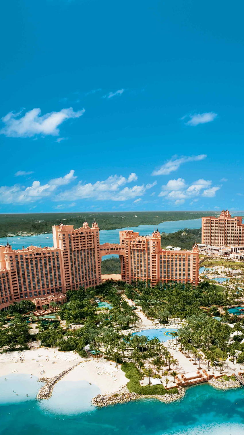 Bahamas, île, station balnéaire, hôtel, mer, océan, voyage, réservation, piscine, plage, paume, vacances, ciel, bleu, Architecture, Atlantis Bahamas Fond d'écran de téléphone HD