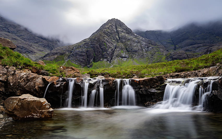 The fairy pools, Isle of Skye, rocks, pond, mountain, river, cascades, clouds HD wallpaper