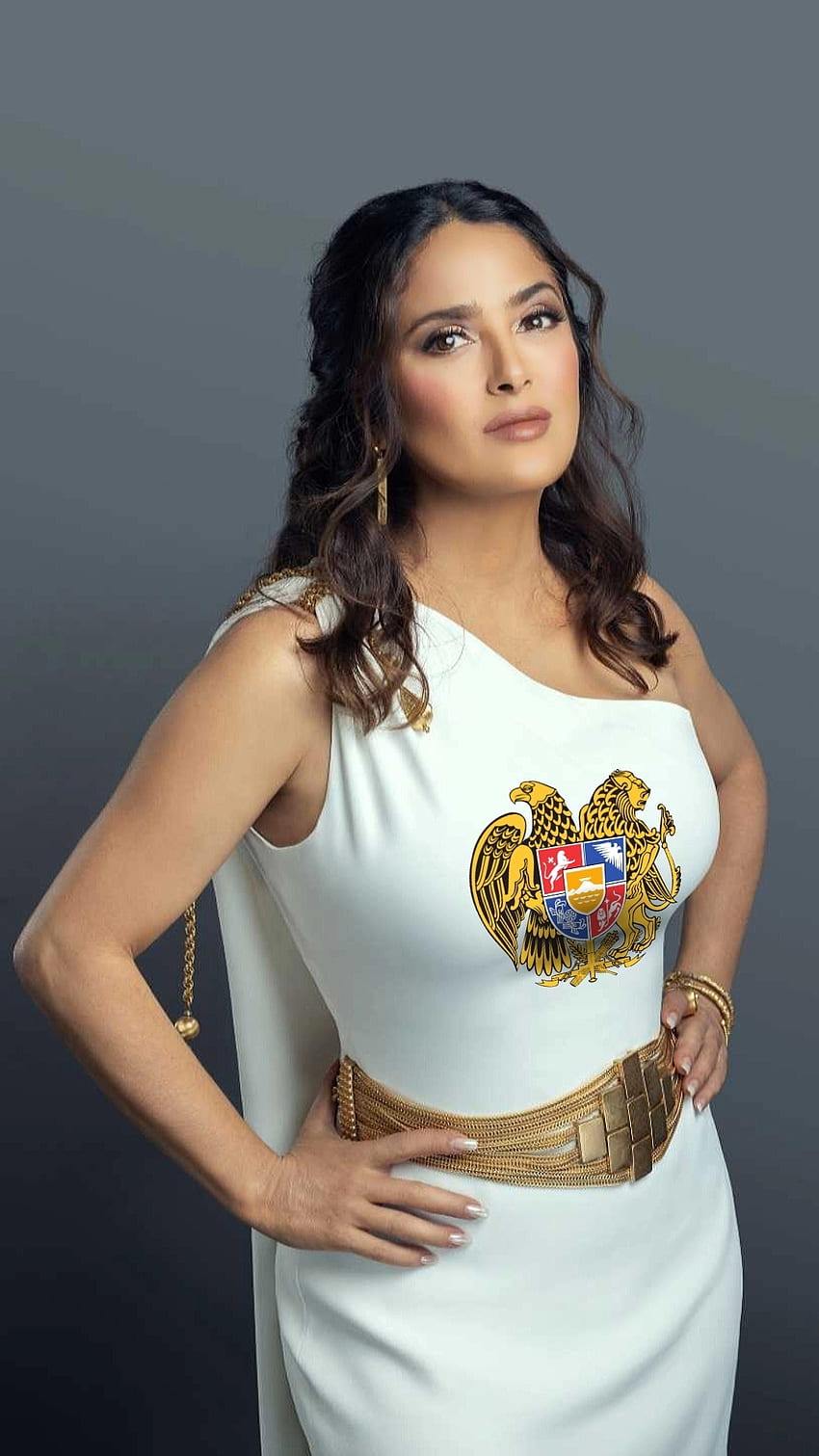 Salma Hayek, actress, beautiful, white, white-dress, lebanese, armenia, coat-of-arms, fashion HD phone wallpaper