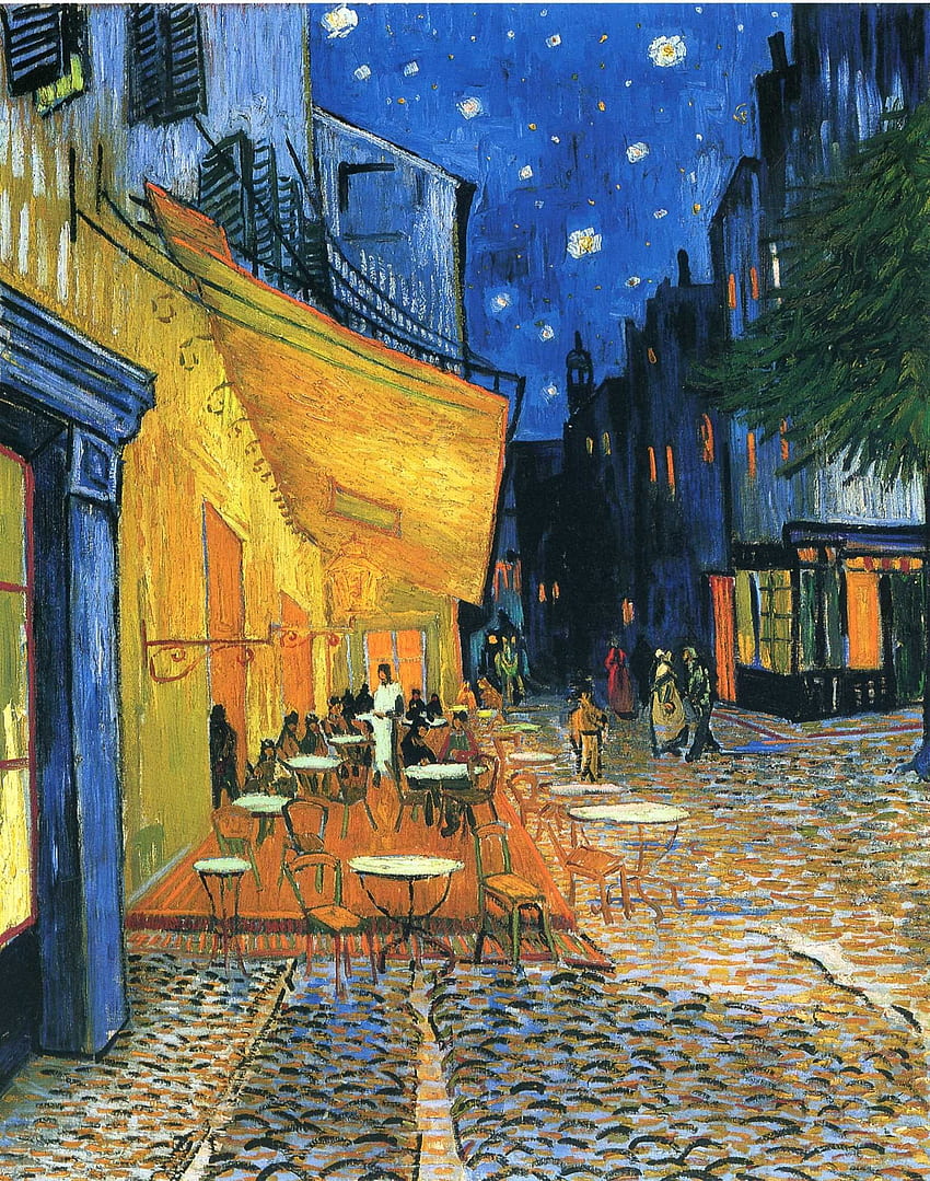 Taras kawiarni Van Gogha w tle nocy, malarstwo Vincenta Van Gogha Tapeta na telefon HD