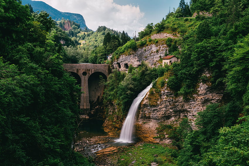 Nature, Trees, Waterfall, Precipice, Break, Flow, Bridge HD wallpaper