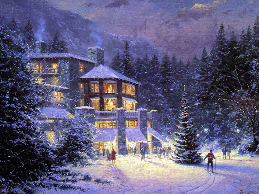 クリスマスライブ、冬、自然、雪、山の村、自然の風景、空、木、家、山、夕方、冬の村のシーン 高画質の壁紙