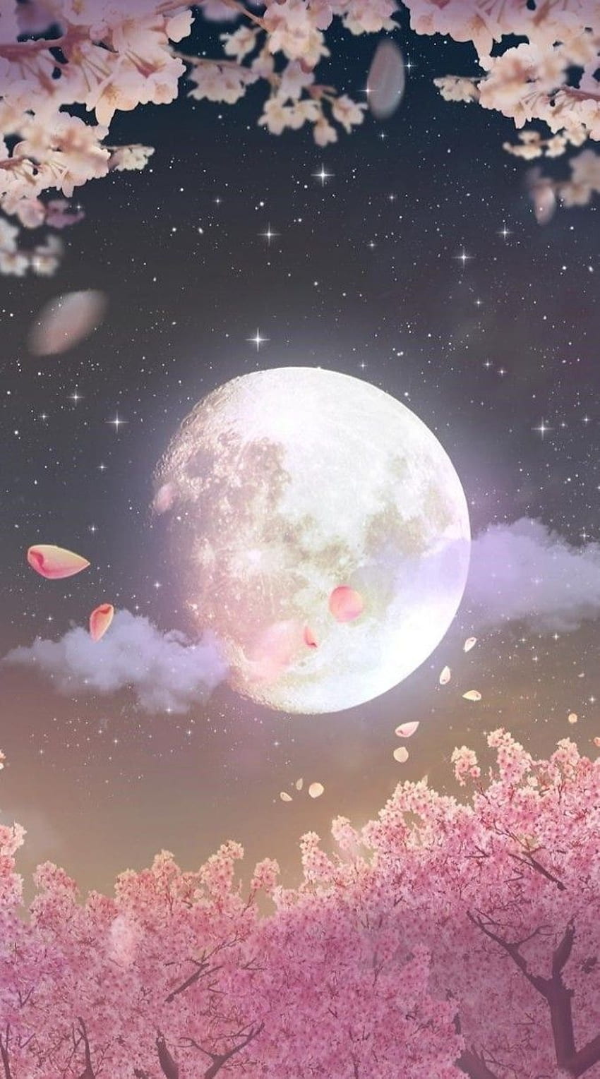 Flores de cerezo a la luz de la luna - fondo de pantalla del teléfono