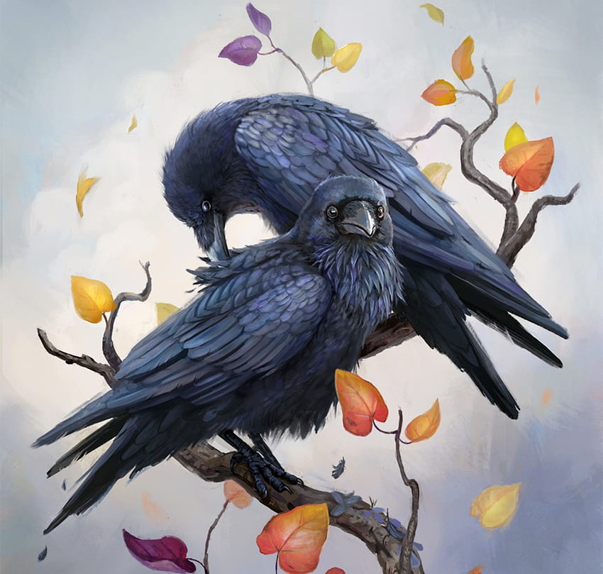 Ravens, raven, black, bird, fantasy, art, autumn, leaf, leesha hannigan HD wallpaper