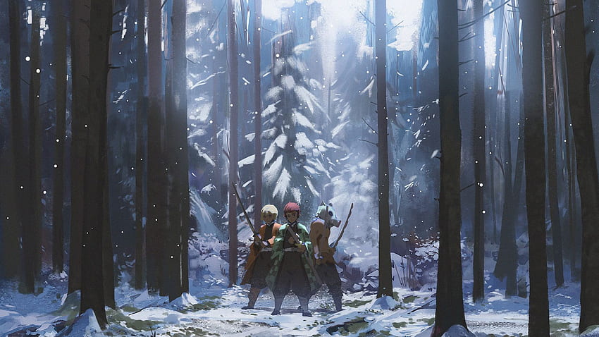 Demon Slayer Inosuke Hashibira Tanjirou Kamado Zenitsu Agatsuma In Forest With Snow Around Trees Anime HD wallpaper