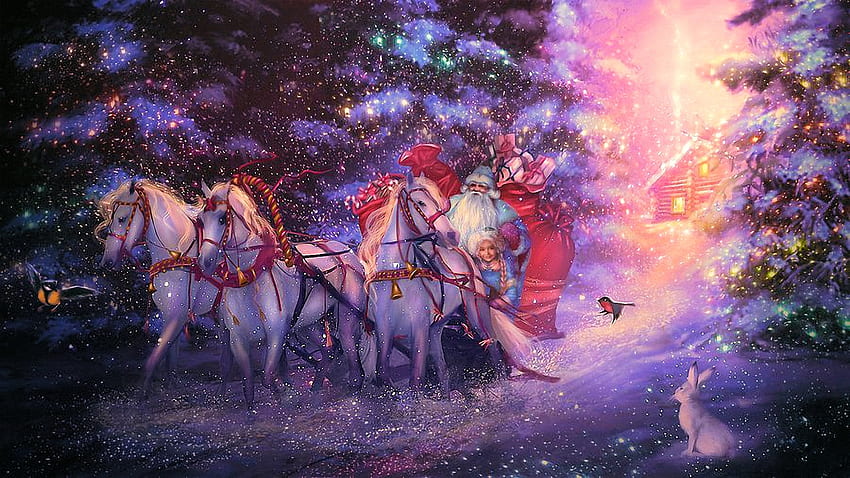 クリスマスライド、鳥、キャビン、アートワーク、そり、馬、絵画、雪、木、子供、サンタ、日没 高画質の壁紙