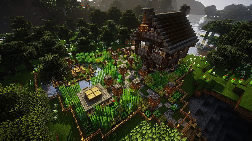 Minecraft, Video games, Farm, House, Forest, Oak trees, Water HD wallpaper