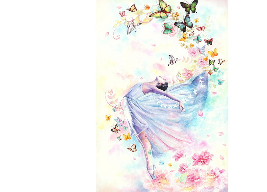 blue, white, art, girl, ballerina, mrart, mr, pink, fantasy, butterfly, luminos HD wallpaper