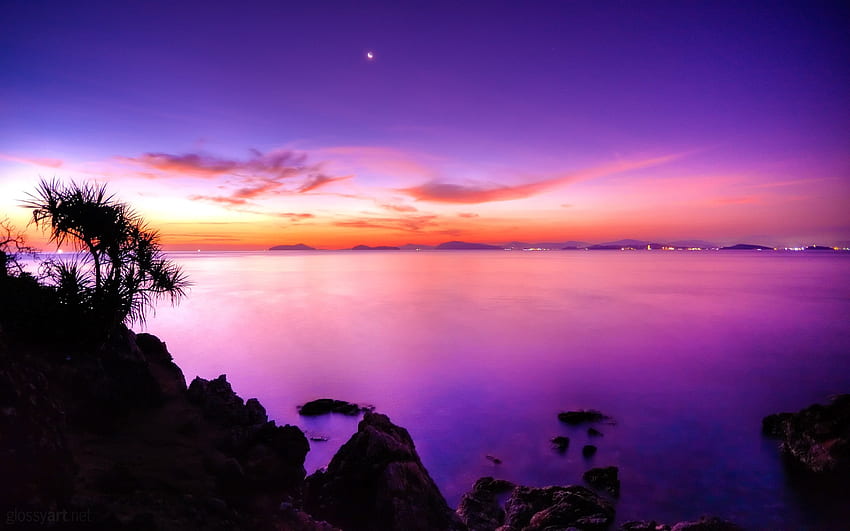 Лилавият залез на брега ,, Ocean Purple Sunset HD тапет