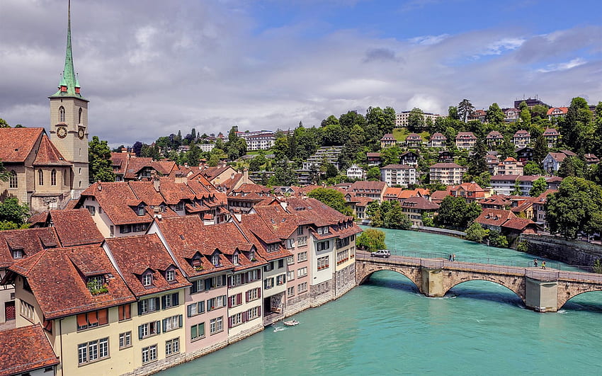 Bern, Switzerland, city, houses, river, bridge, clouds HD wallpaper