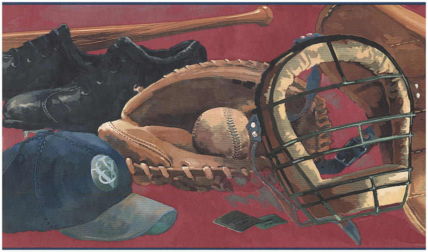 Borde de pared prepegado - Guante de béisbol Ball Bat Catcher Máscara Gorra Borde rojo sangre Diseño retro, Rollo 15 pies X 9 pulgadas fondo de pantalla
