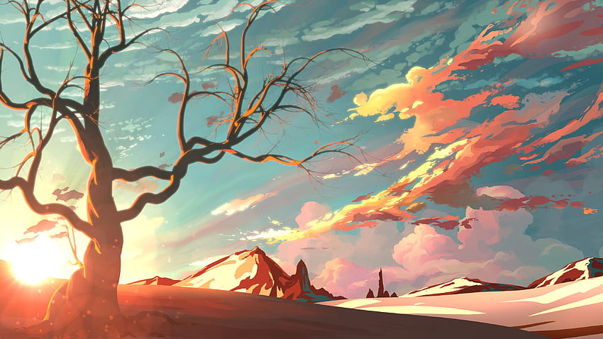 Red Sky Mountains Trees Digital Art Painting , Artist, Anime Digital Art HD wallpaper