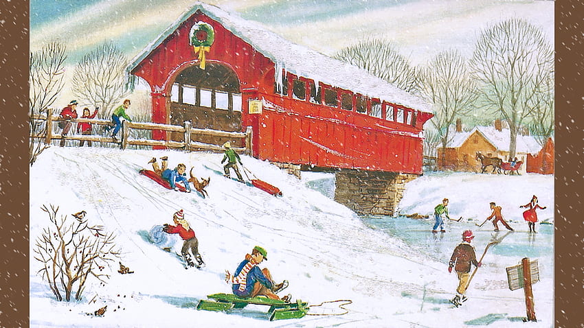 Vecchia cartolina di Natale, ghirlanda, neve, slittino, inverno, Natale, ponte coperto Sfondo HD