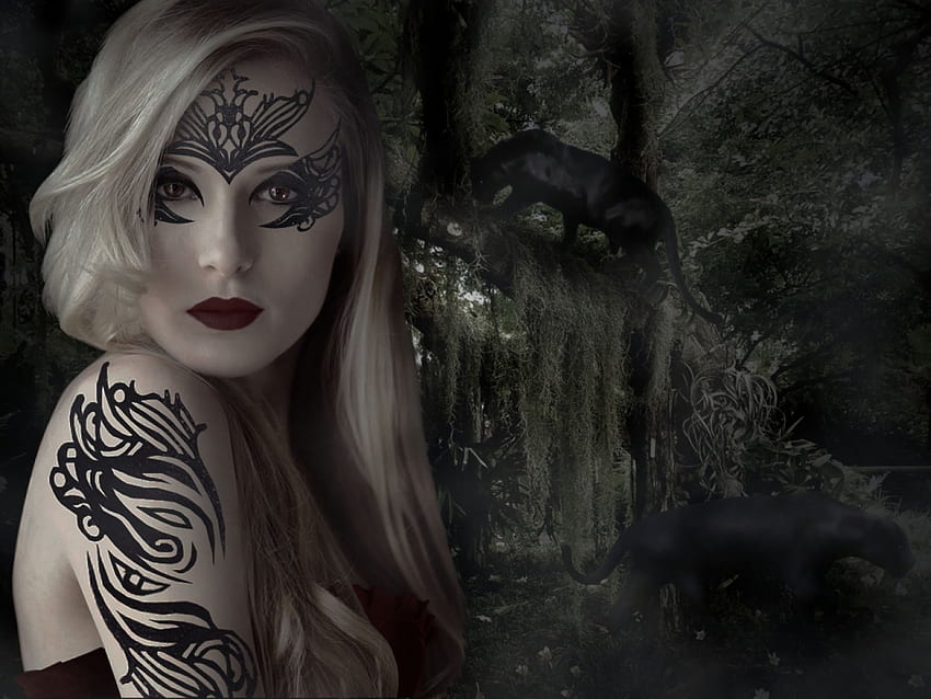The Huntress, lady, fantasy, tatoo, woman, dark HD wallpaper