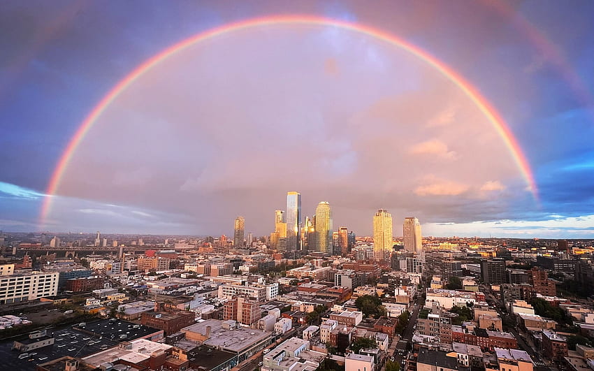Rainbow over New York, cityscape, rainbow, New York, America HD wallpaper