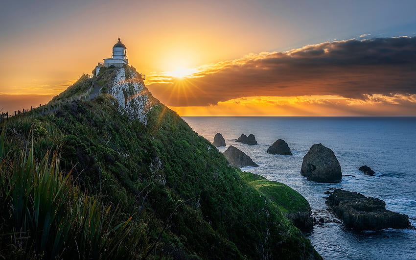 Lighthouse Nugget Point New Zealand, nugget point, New Zealand, lighthouse, Sunset HD wallpaper