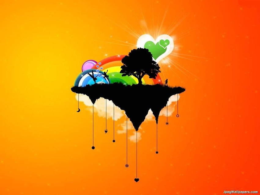 Fantasy Island, island, hanging, silhouettes, stars, people, tree, rainbow, hearts, clouds, vector, floating HD wallpaper