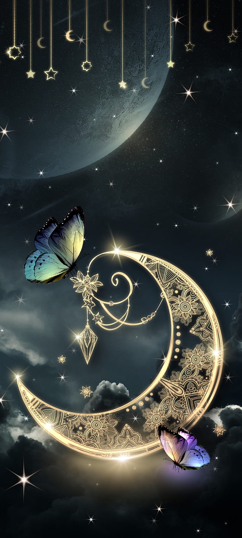 Złota retro fantazja, atmosfera, ćmy i motyle, motyl, księżyc, gwiazda, premia Tapeta na telefon HD