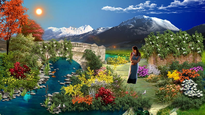 ~*~ Romantic Love ~*~, fiume, coppia romantica, cielo blu, paesaggio, amore, natura, fiori, sole Sfondo HD