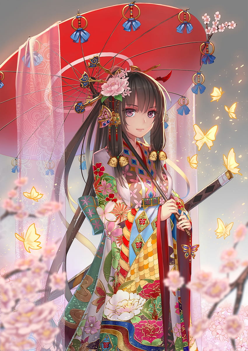 ilustrasi, rambut panjang, anime, gadis anime, payung, rambut hitam, pedang, hiasan rambut, pakaian Jepang, kimono, geisha, bunga, wanita, kostum. Mocah wallpaper ponsel HD
