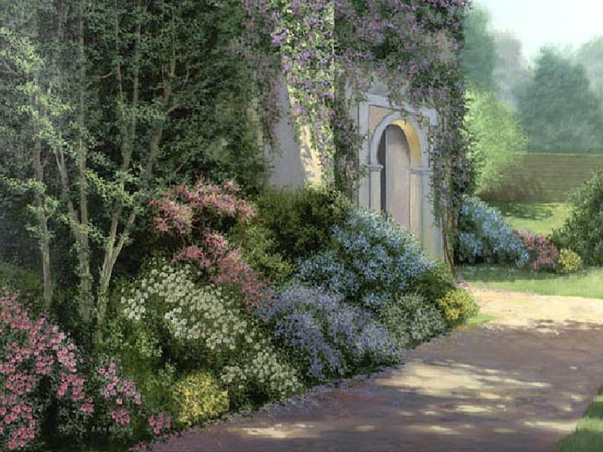 Un jour d'été, mur de briques, trottoir, entrée, buissons, arbres, passage voûté, vignes, fleurs Fond d'écran HD