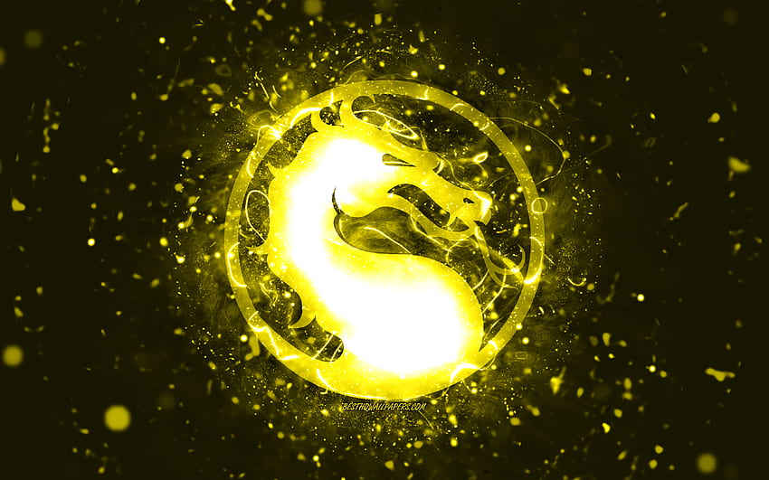 Żółte logo Mortal Kombat, żółte neony, kreatywne, żółte abstrakcyjne tło, logo Mortal Kombat, gry online, Mortal Kombat Tapeta HD