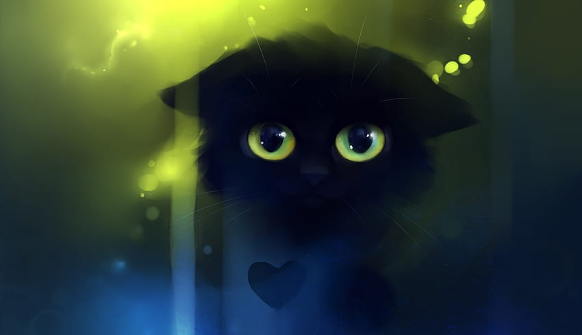 Sad kitty, blue, kitten, black, eyes, cat, fantasy, apofiss, green, luminos HD wallpaper