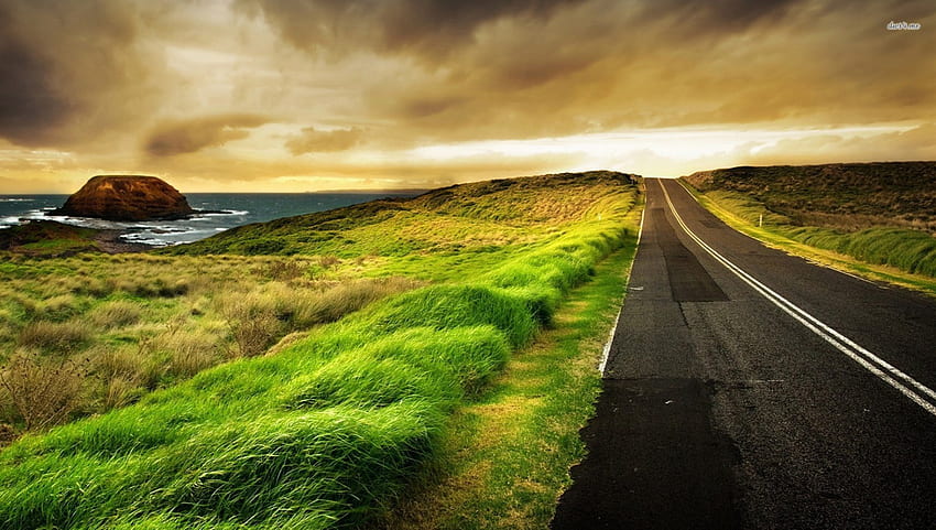 Highway on the Shore, path, grass, highway, shore, day, light, field, green, clouds, road, nature, sky, water, sunset, ocean HD wallpaper