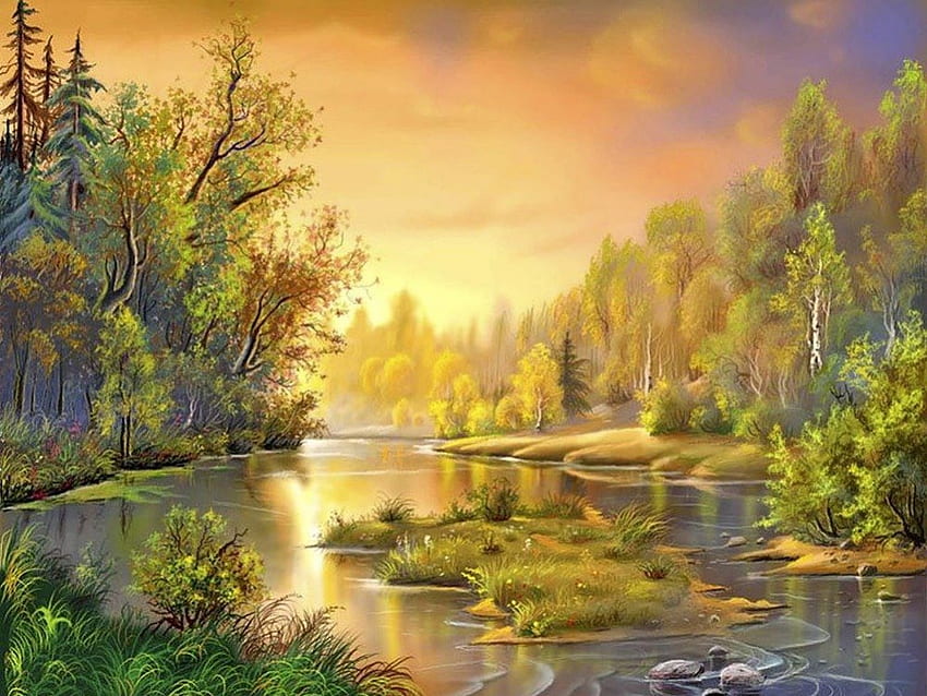 SUNSET FANTASY, river, woods, fantasy, sunset HD wallpaper