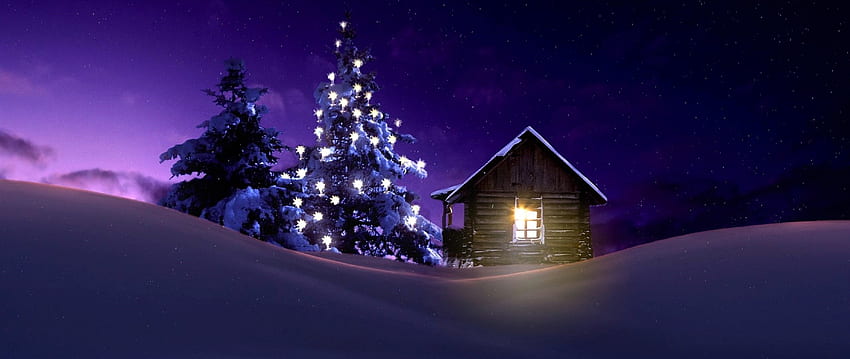 Christmas Lighted Tree Di Luar Resolusi Kabin Musim Dingin, Liburan,, dan Latar Belakang, Log Kabin Musim Dingin Wallpaper HD