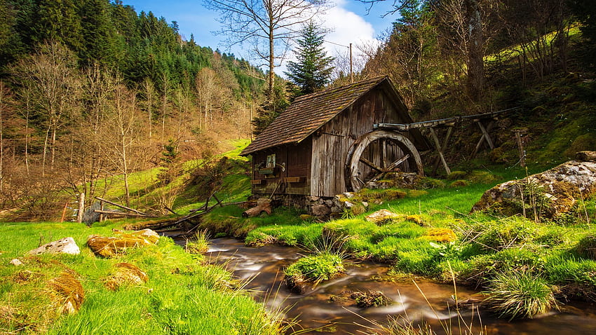 Old mill in Germany, mill, beautiful, grass, mountain, rural, wilderness, Germany, forest, stream HD wallpaper
