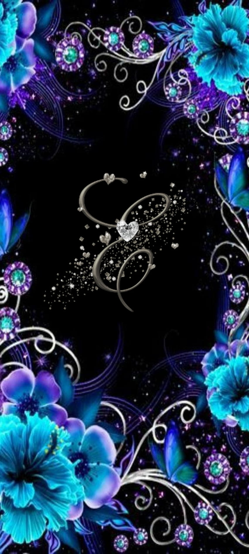 Letter E, flowers, blue, black, hearts, purple, silver, cute HD phone wallpaper