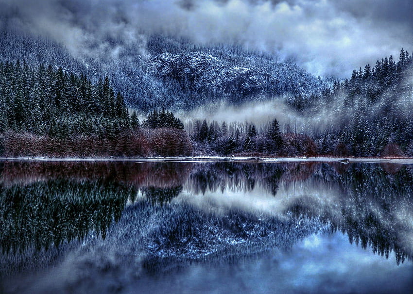 Zima, mgła, góry, las, jezioro Tapeta HD