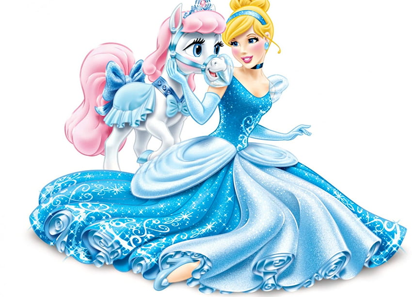 Cinderella and Bibbidy, blue, palace pets, white, cinderella, horse, blonde, cute, disney, girl, pink, bibbidy, princess, pony HD wallpaper