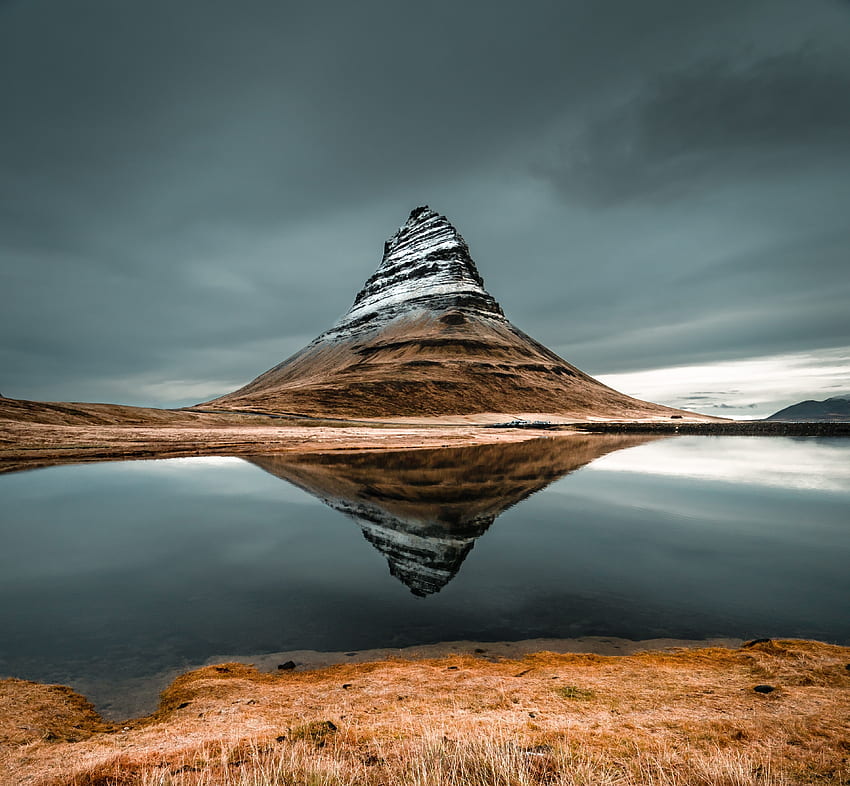 Kirkjufell, планина, връх, езеро, отражения, Исландия HD тапет