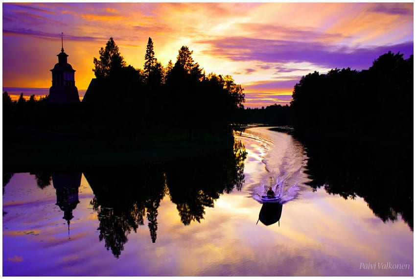 Purple sunset, black, trees, sky, sun, lake HD wallpaper