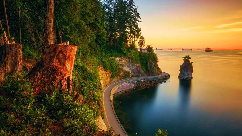 Stanley Park, Vancouver, British Columbia, ships, sea, coast, trees, sky, rocks, canada, sunset HD wallpaper
