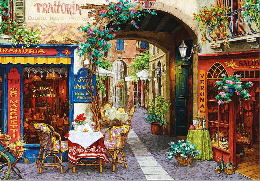 Street Restaurant, Stühle, Tisch, Gemälde, Tor, Häuser HD-Hintergrundbild