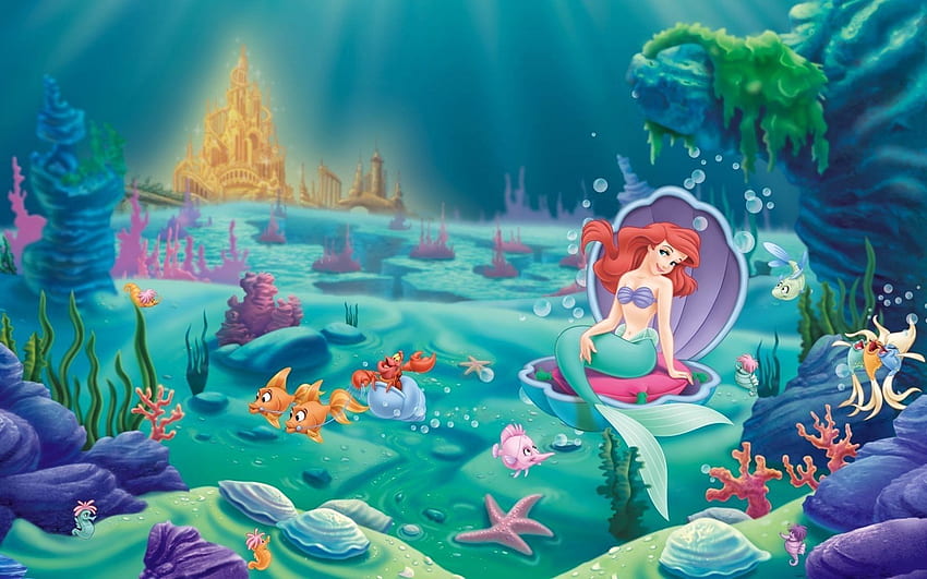 リトル マーメイド ディズニー プリンセス アリエルとキャッスル - 高解像度の人魚の背景 高画質の壁紙