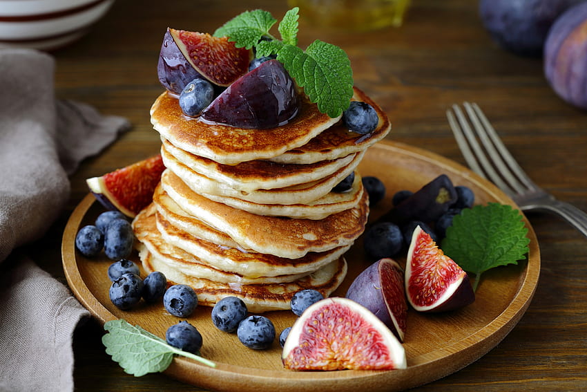 Pancakes, fruit, breakfast, food HD wallpaper