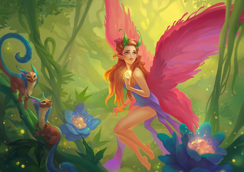Fairy, blue, wings, yuliya gasnikova, girl, pink, fantasy, flower, yellow, luminos, creature HD wallpaper