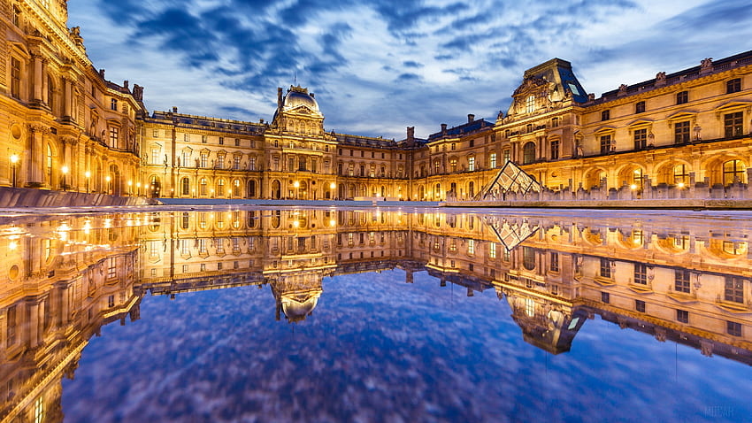 Arsitektur, Prancis, Cahaya, Monumen, Museum, Malam, Paris, Refleksi, Louvre . Mocah Wallpaper HD