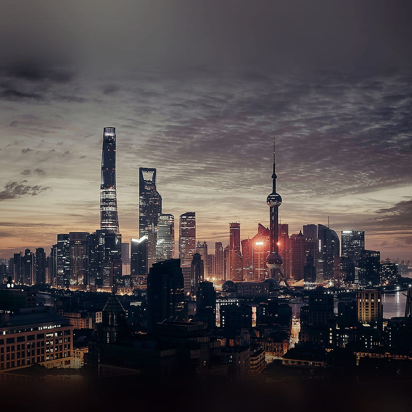Град Шанхай Нощна сграда Силует Залез HD тапет за телефон