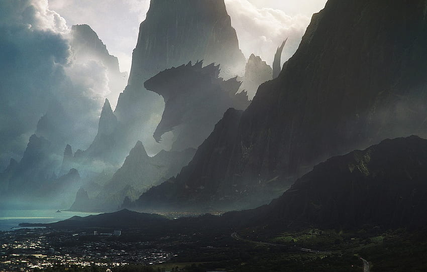 ภูเขา เมือง เรื่องแต่ง โขดหิน สัตว์ประหลาด ยักษ์ ฮาวาย ก็อตซิลล่า สำหรับ หมวด фантастика วอลล์เปเปอร์ HD