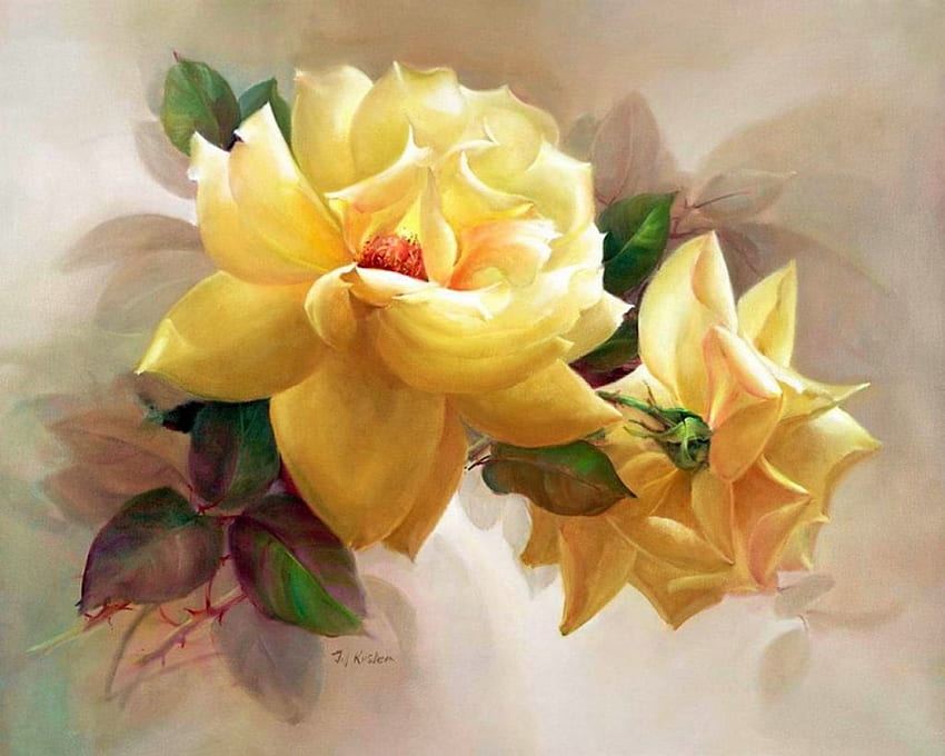 Yellow Rose, artwork, leaves, painting, petals, blossoms HD wallpaper
