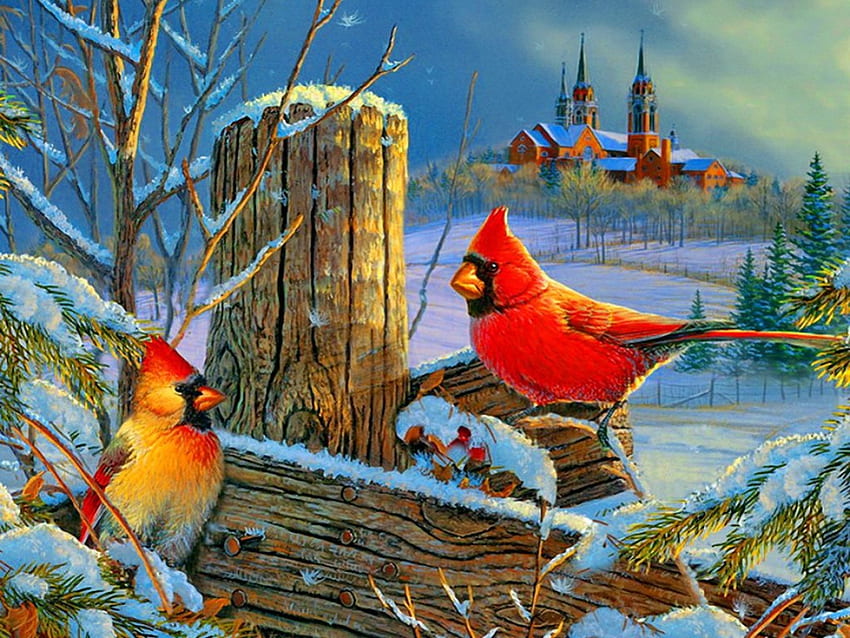 Winter cardinals-detail, winter, frost, snowy, birds, art, house, church, painting, snow, branches, nature, sky, village, cardinals HD wallpaper